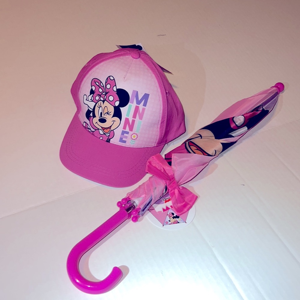 Disney Minnie Mouse Baseball Cap & Umbrella Adjustable Hat & Kids Umbrella NEW
